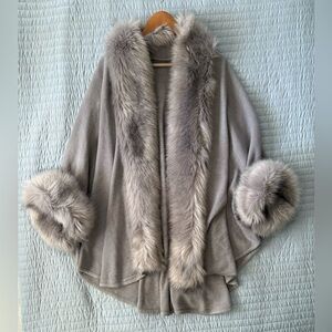 Fabulous Furs Knit Cape With Faux Fur Trim